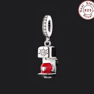 925 coffee cappuccino machine heart bracelet charm red black silver enamel NWOT